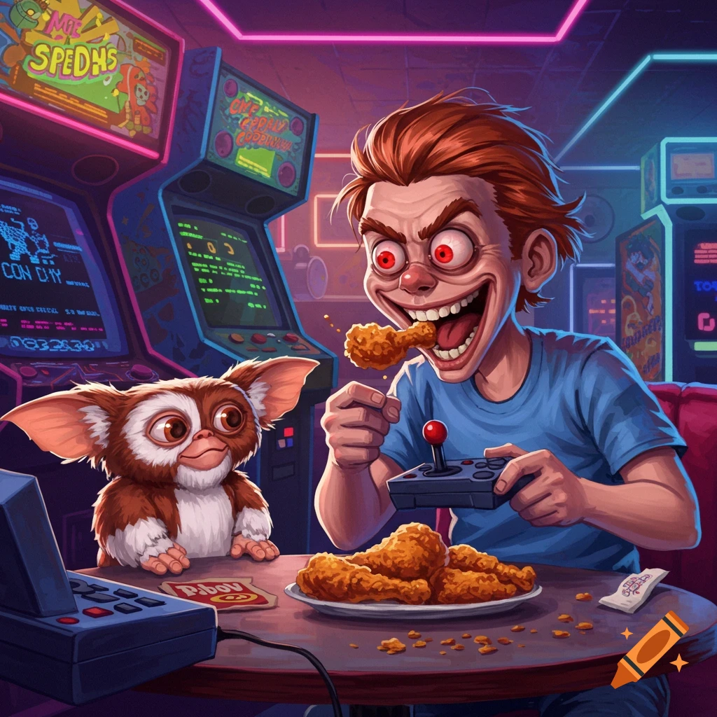 A boy with red eyes is eating fried chicken and playing arcade games next to Gizmo from Gremlins.