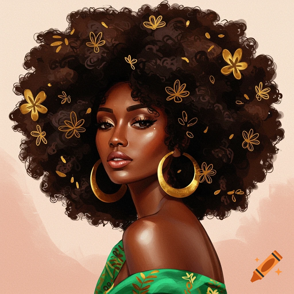 A close-up of a woman with a large afro decorated with gold flowers, wearing large gold hoop earrings and a green dress.