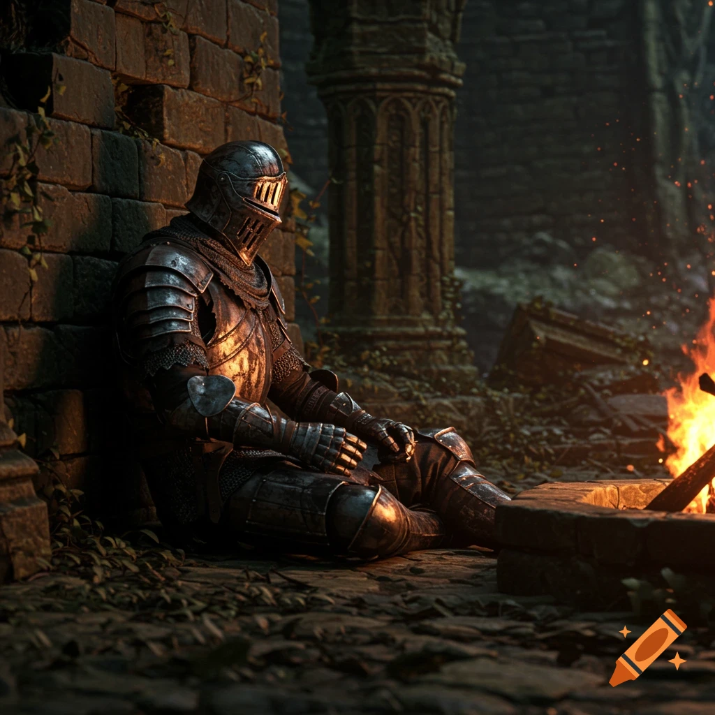 A knight in weathered armor sits by a bonfire in ancient ruins.