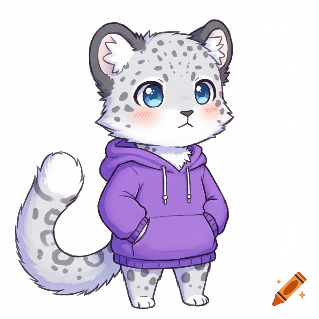 A cute chibi anime snow leopard furry character wearing a purple hoodie.