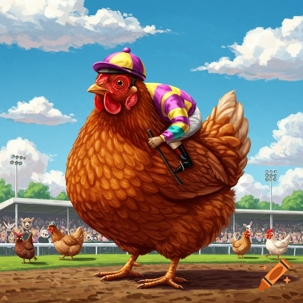 A large chicken with a jockey riding it at a race track.