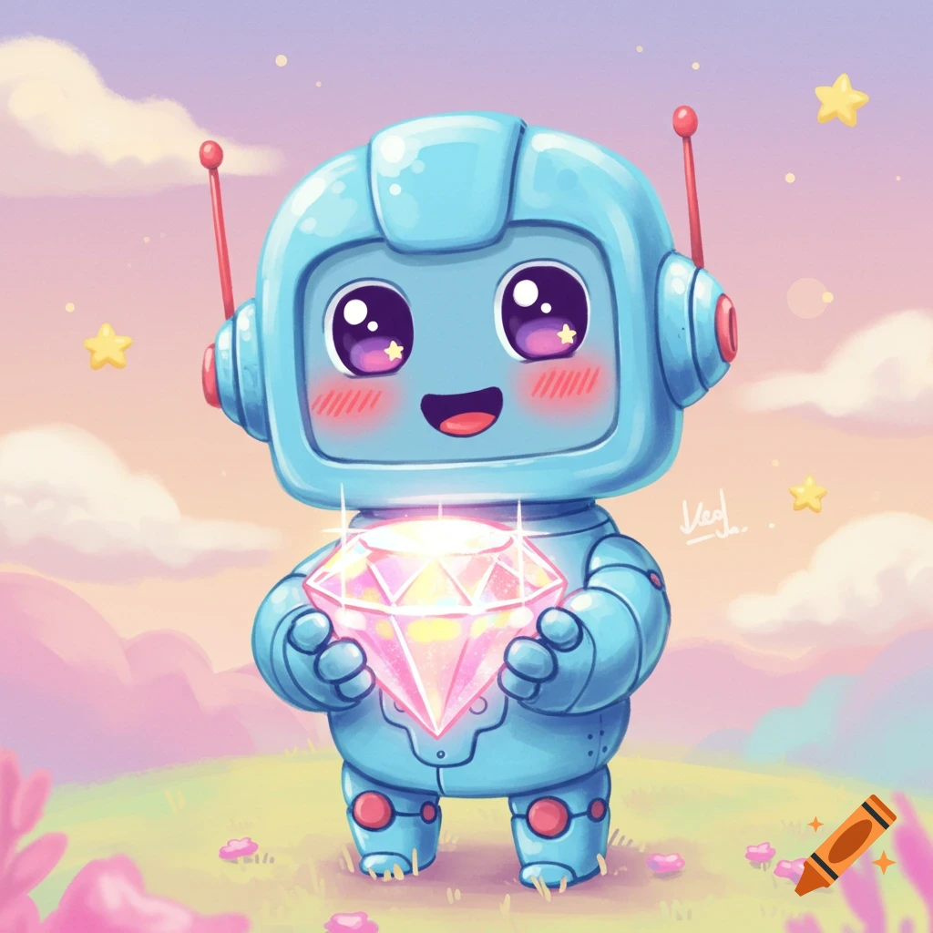 Cute blue robot holding a large pink diamond in a pastel landscape.