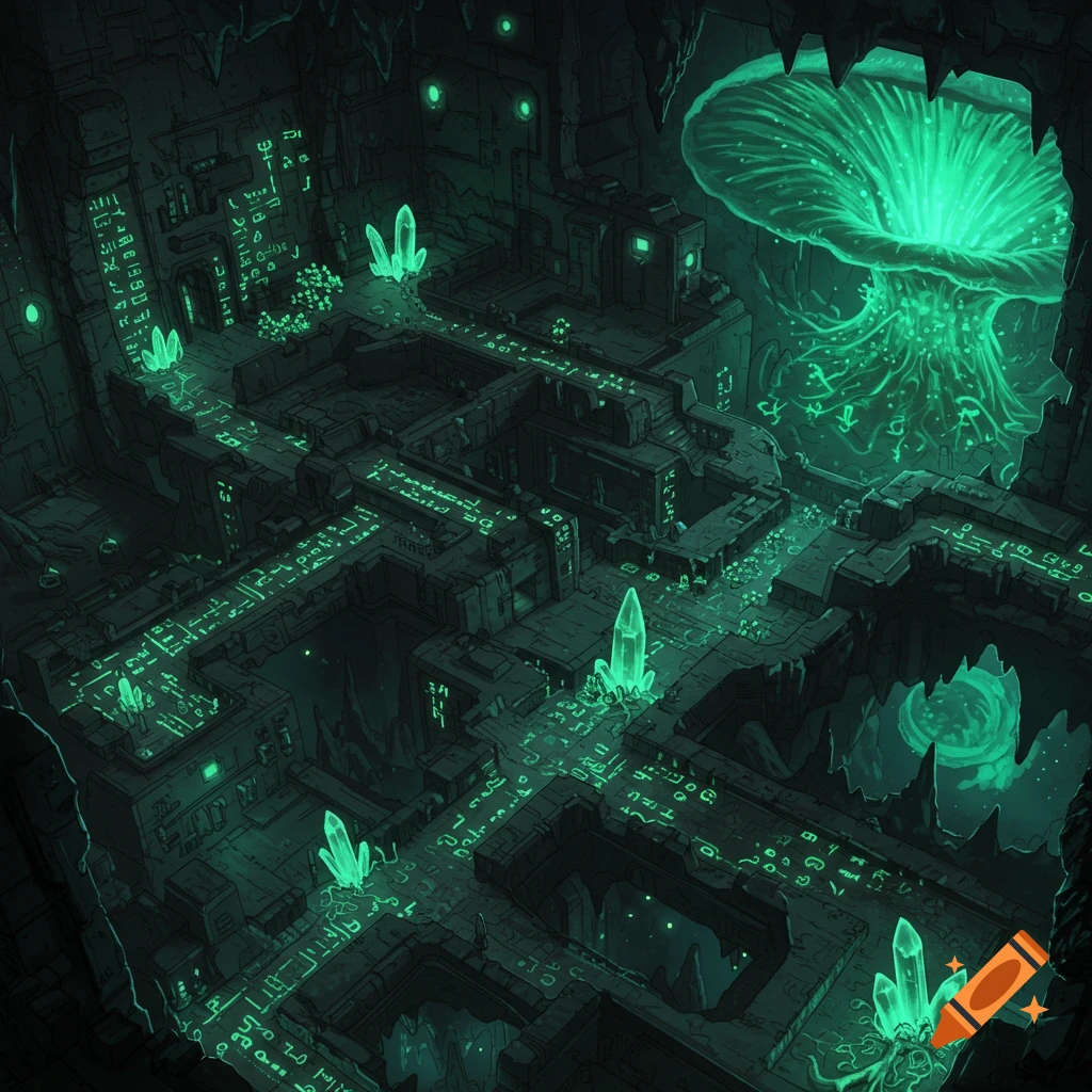 Overhead view of a glowing green sci-fi alien dungeon map inside a cave with crystals and a large mushroom.