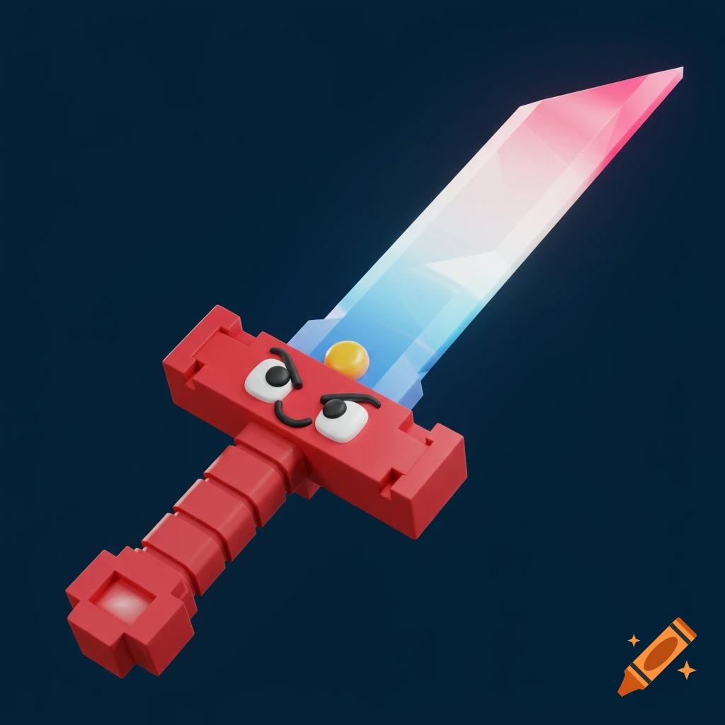 Stylized red sword with eyes and a glowing blue and pink blade.