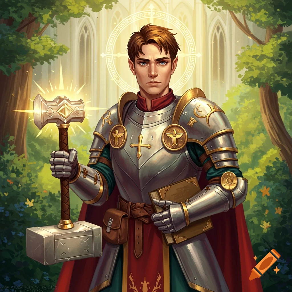 A male cleric in shiny armor holds a warhammer and a book in a forest clearing.