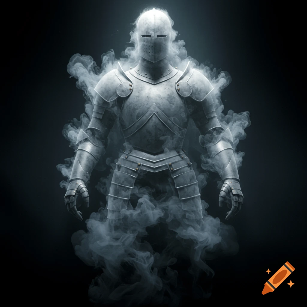 A suit of armor wreathed in smoke on a dark background.