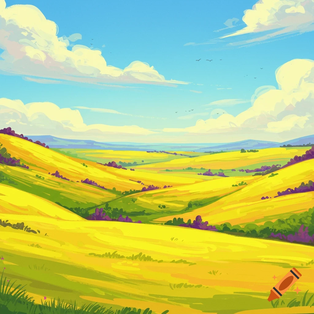 A vibrant rolling landscape with yellow and green fields under a blue sky with clouds.