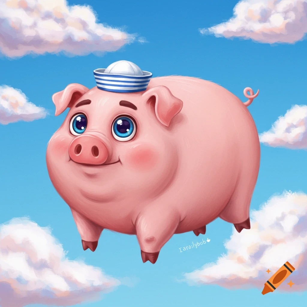 A cartoon pink pig wearing a sailor hat flies through the sky with clouds.