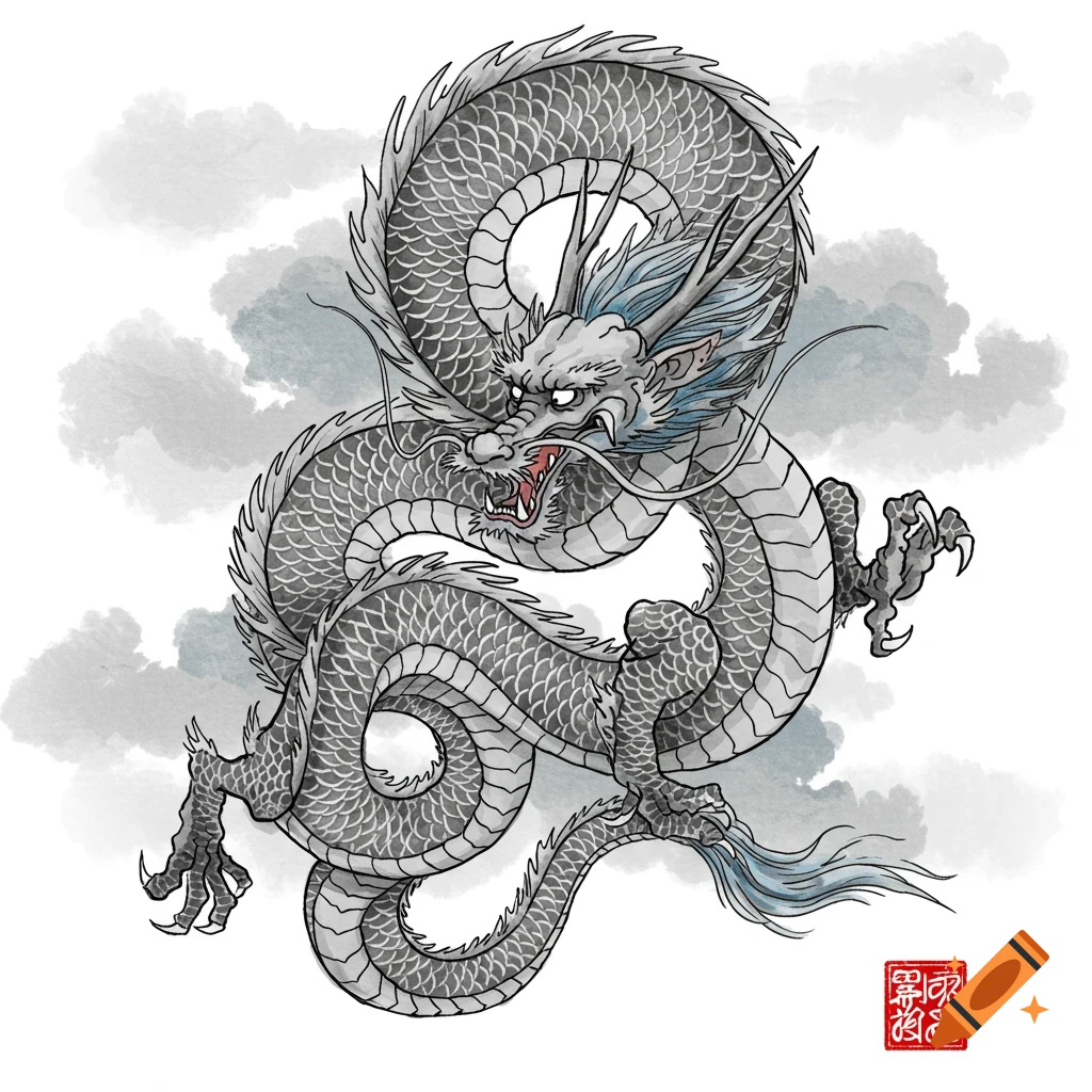 A grey Japanese style dragon against a cloudy sky