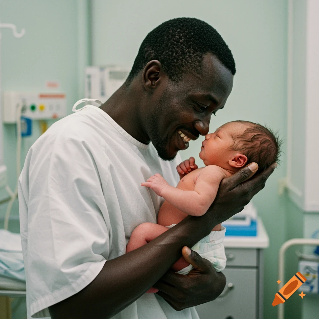 Photorealistic portrait of a smiling Black man holding a newborn baby close in a hospital room.
