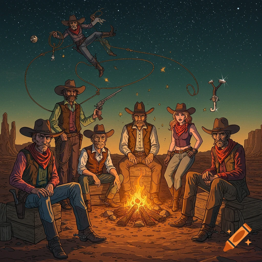Cowboys sit around a campfire at night, with one doing a rope trick in the air.