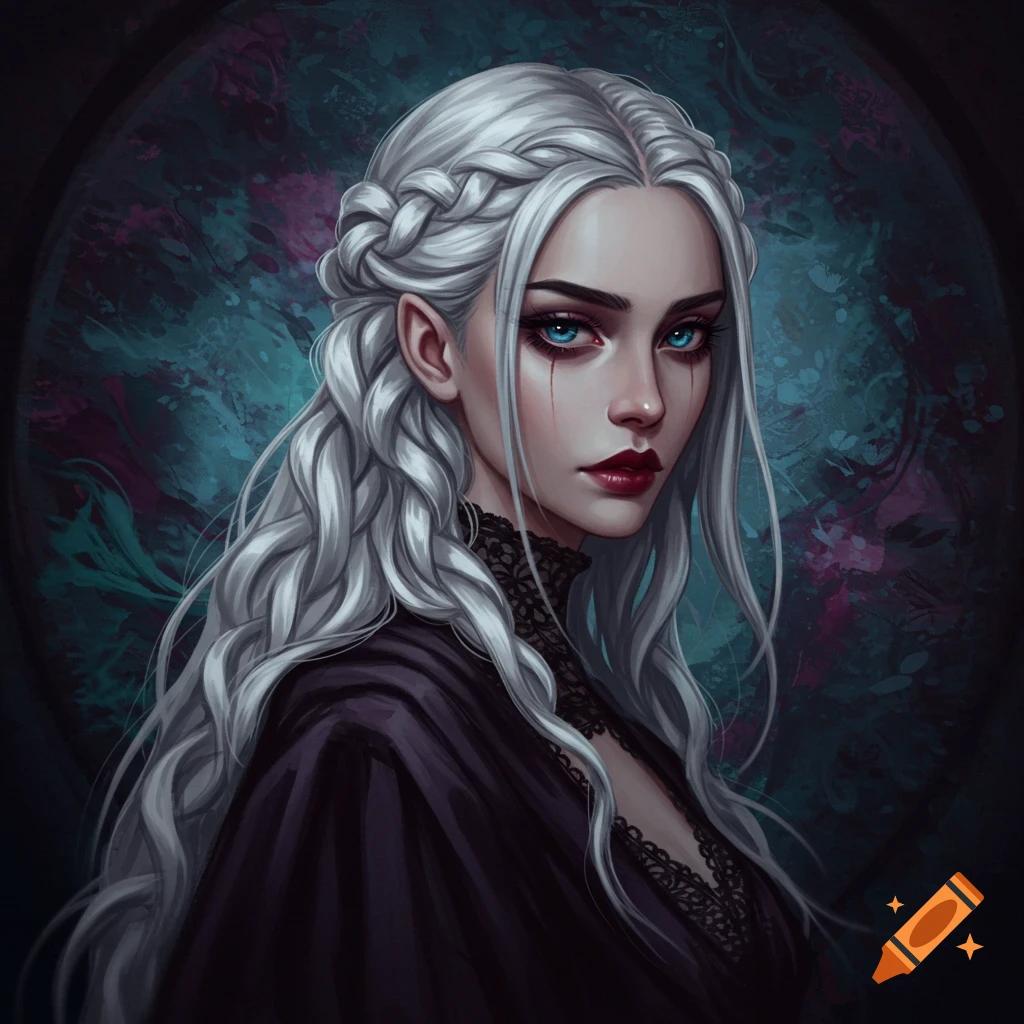 A portrait of a gothic woman with white braided hair, blue eyes, and dark makeup.
