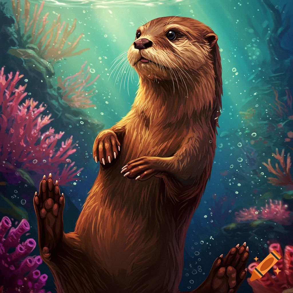 An otter underwater among coral, looking up