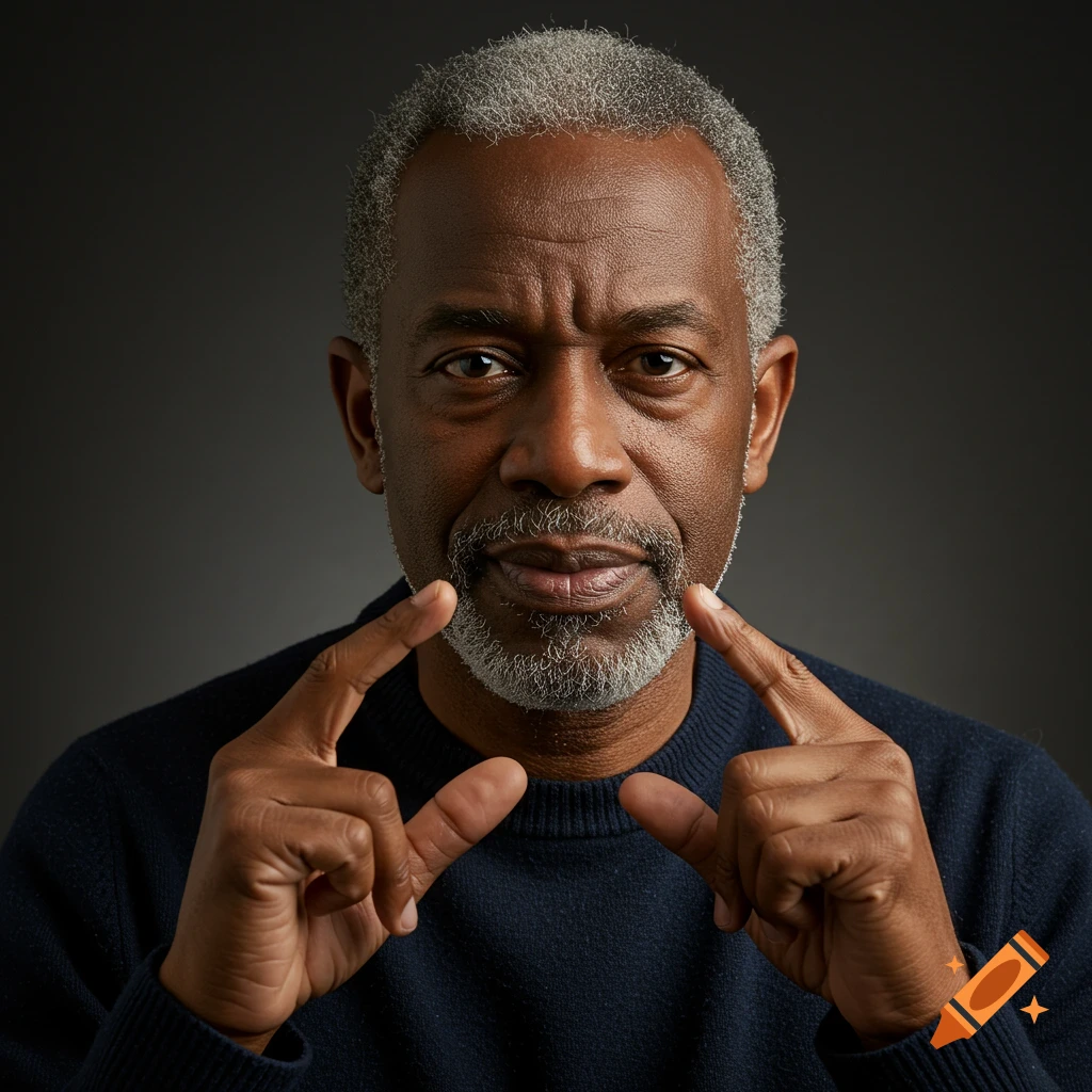 Realistic portrait of a middle-aged man making a gesture with his hands, looking intently at the camera.