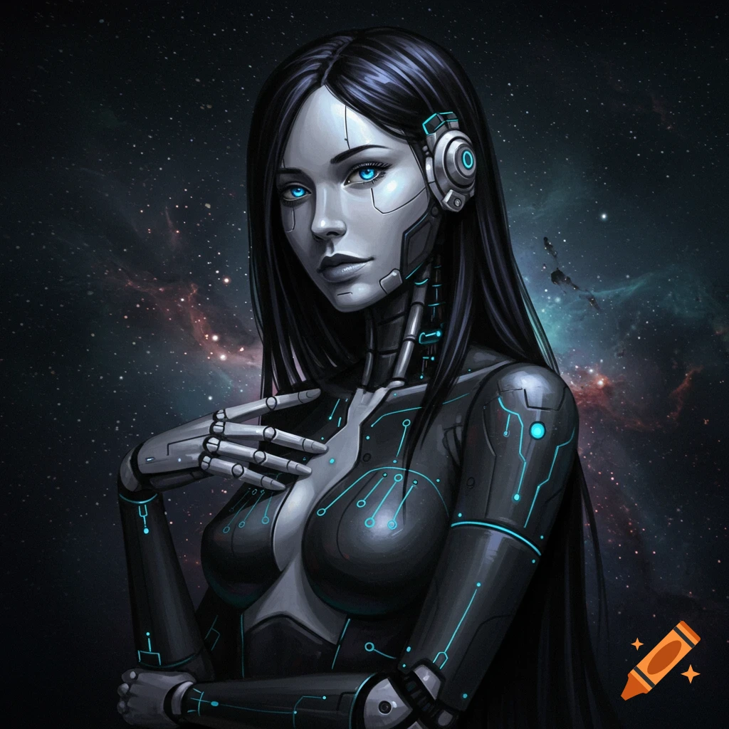 A female robot with glowing blue eyes and visible circuitry stands against a space background.