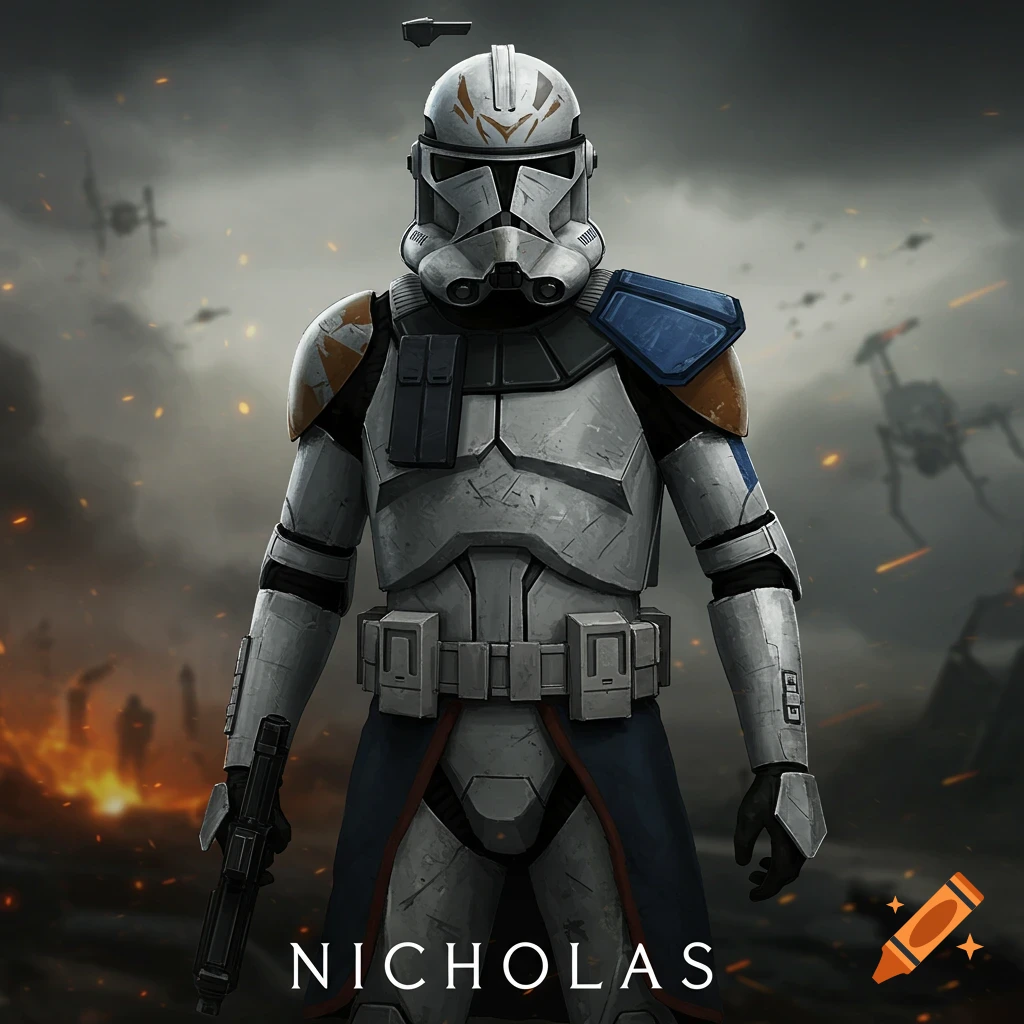 A Star Wars clone trooper stands in a battle zone with fires in the background. The name Nicholas appears below.