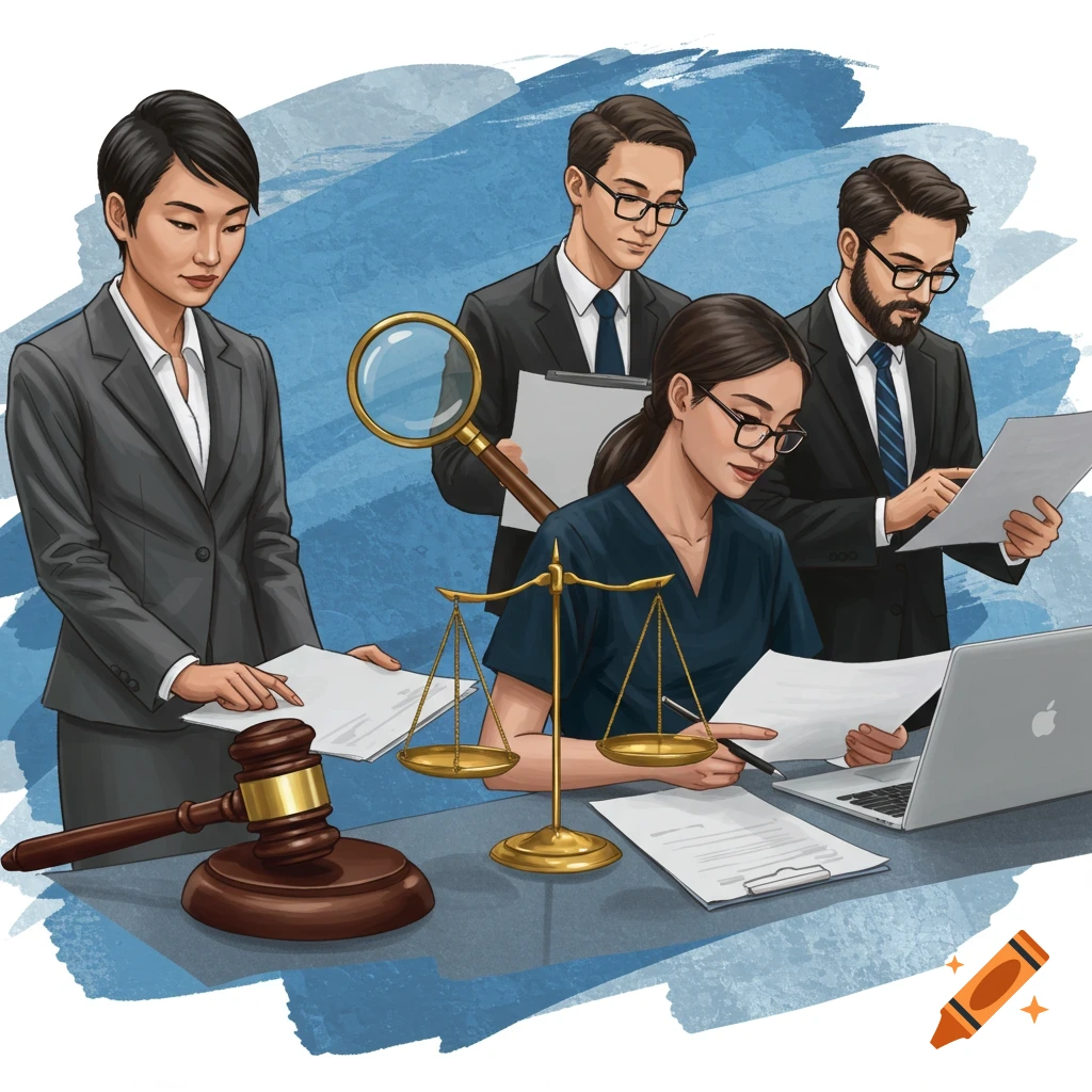 Digital illustration of legal professionals reviewing documents with scales of justice and gavel.