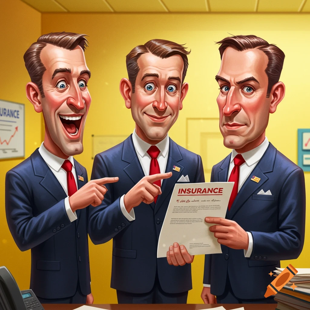 Three cartoonish salesmen in suits pointing at an insurance document.