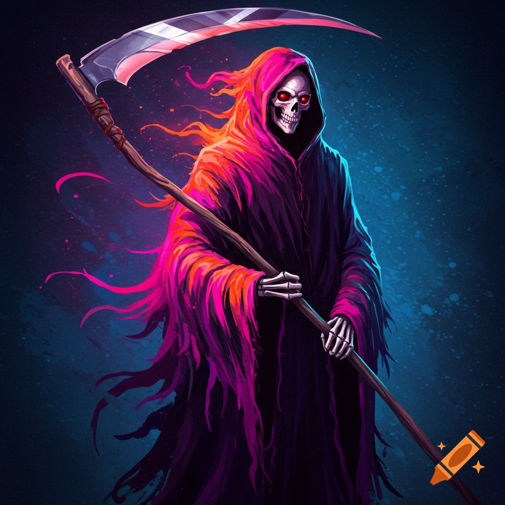 Stylized depiction of a Grim Reaper figure in vibrant pink and purple robes holding a scythe against a dark, starry background.