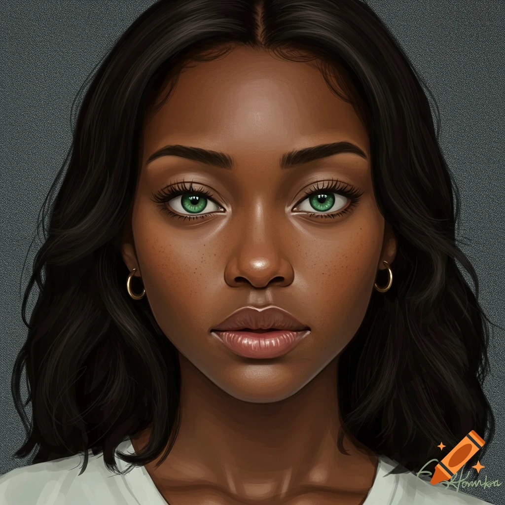A woman with dark skin, dark hair, and green eyes.