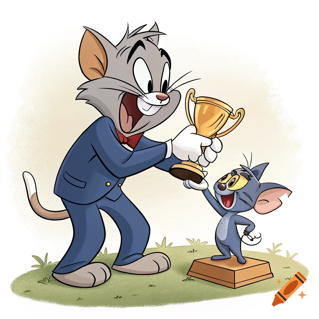 A large cat character in a suit gives a trophy to a small mouse character, cartoon style.