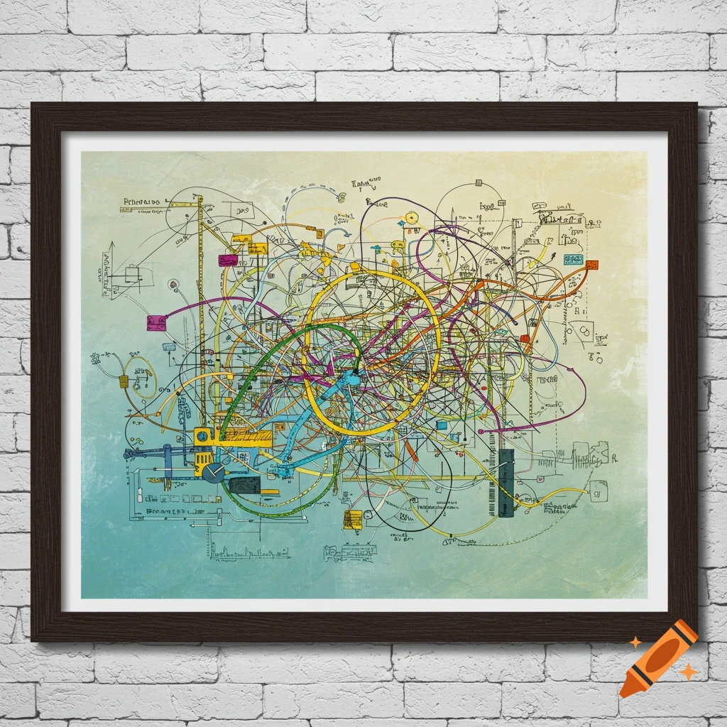 A framed, complex, colorful diagram or schematic with lines, circles, and labels.