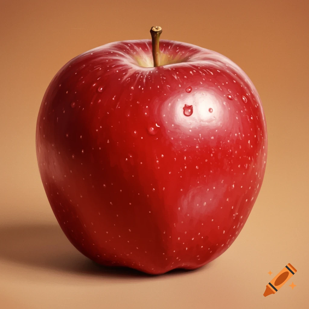 A red apple with water droplets on a brown background.