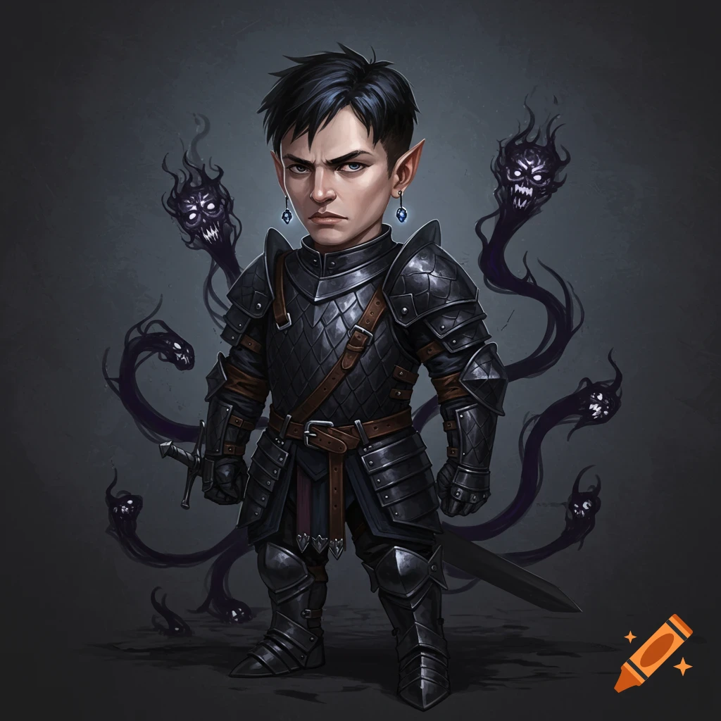 A short young man in black fantasy armor stands with shadowy figures behind him.