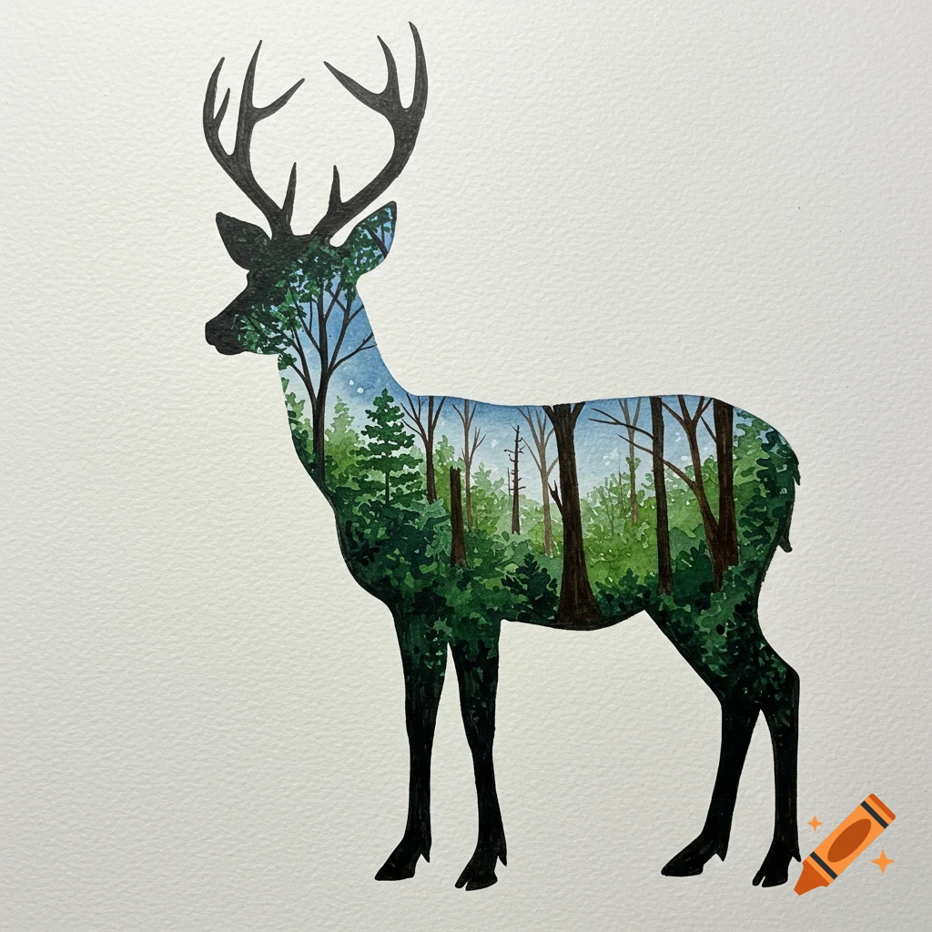 Deer silhouette filled with watercolor forest scene