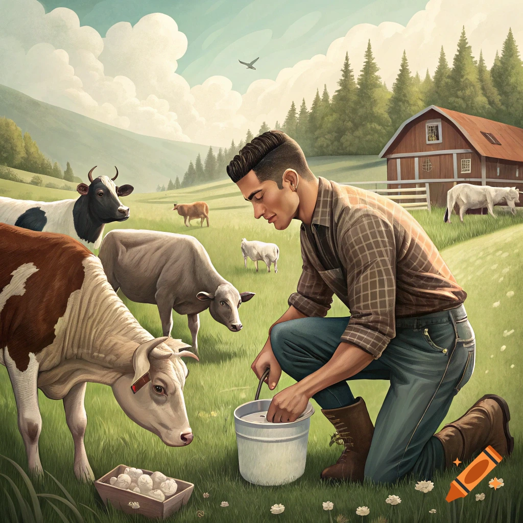 Illustration of a man kneeling in a grassy field with cows and sheep around him and a barn in the background.
