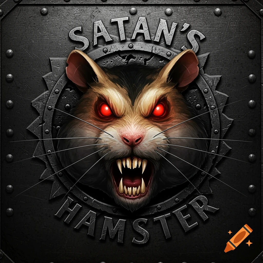 Metal logo featuring a fierce hamster head with red eyes and fangs, with the text 'Satan's Hamster'.