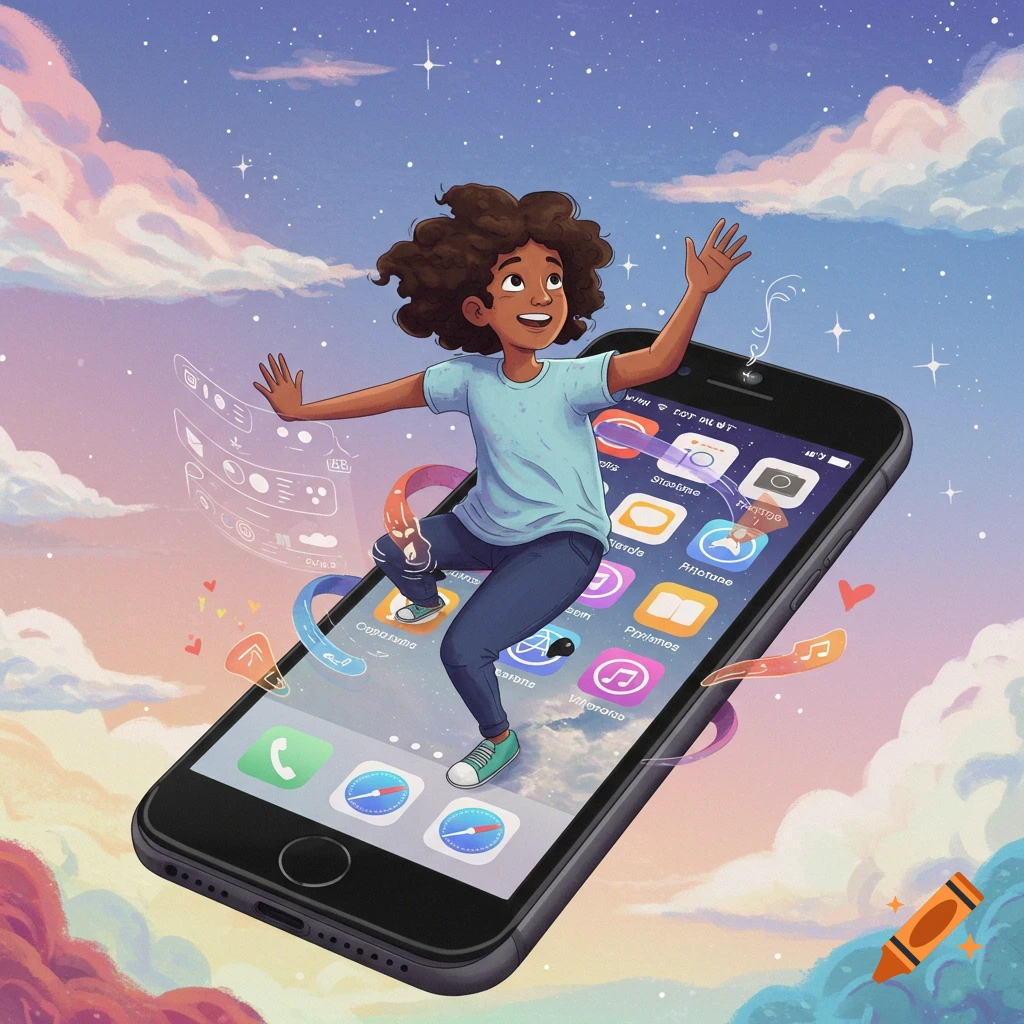 Stylized illustration of a child flying on a large smartphone in a starry sky with clouds.