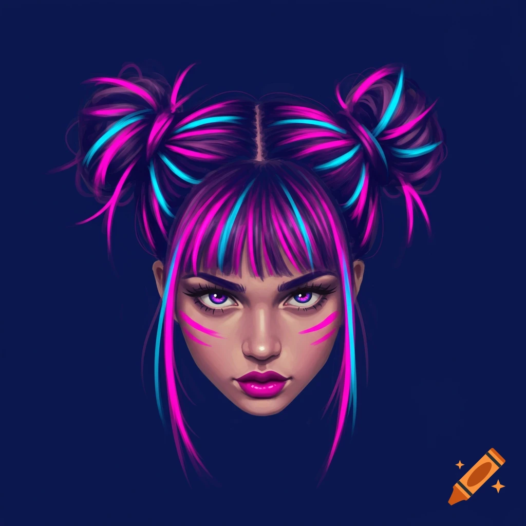 A person with vibrant pink and blue twin bun hair.