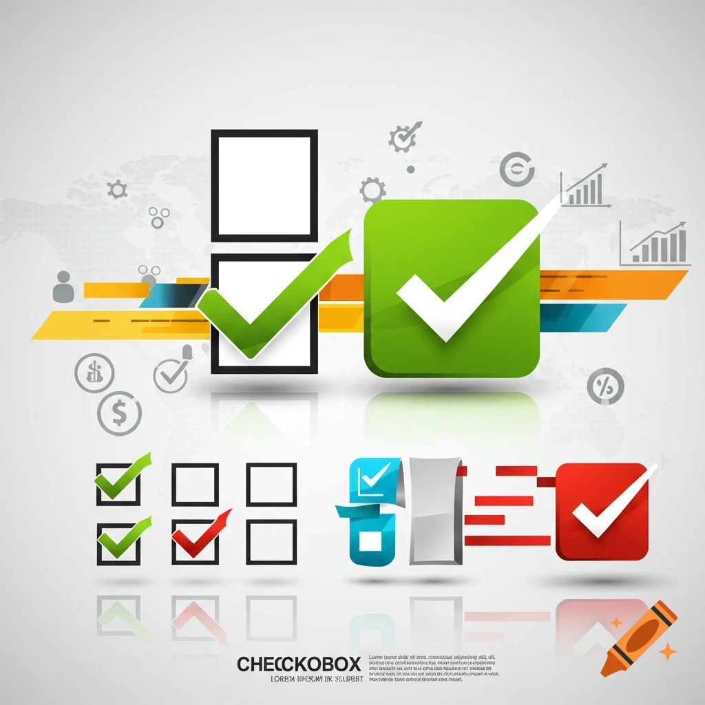 Illustration of checkboxes and business icons with reflections.