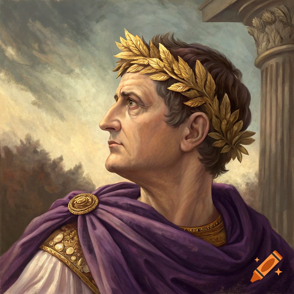 Portrait painting of a Roman emperor wearing a gold leaf crown and purple robe, with a column in the background.
