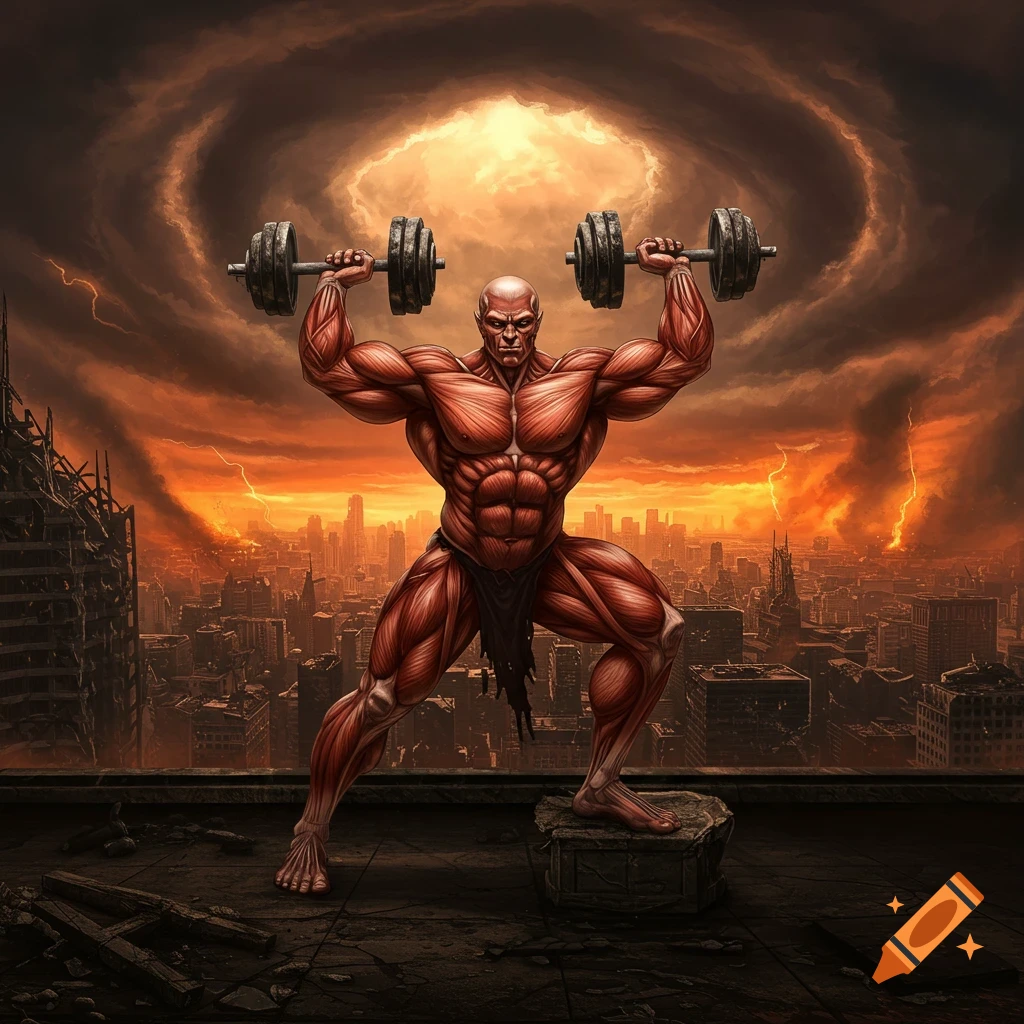 A muscular figure is depicted lifting weights on a rooftop overlooking an apocalyptic city under a stormy sky.