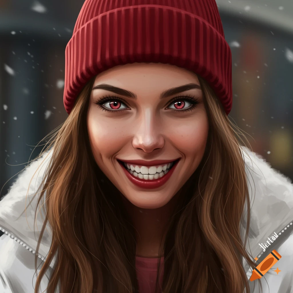Woman in a red beanie and white coat smiling creepily in the snow.
