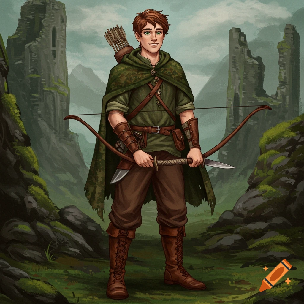 A young man dressed as an archer stands in a fantasy landscape with ancient ruins.