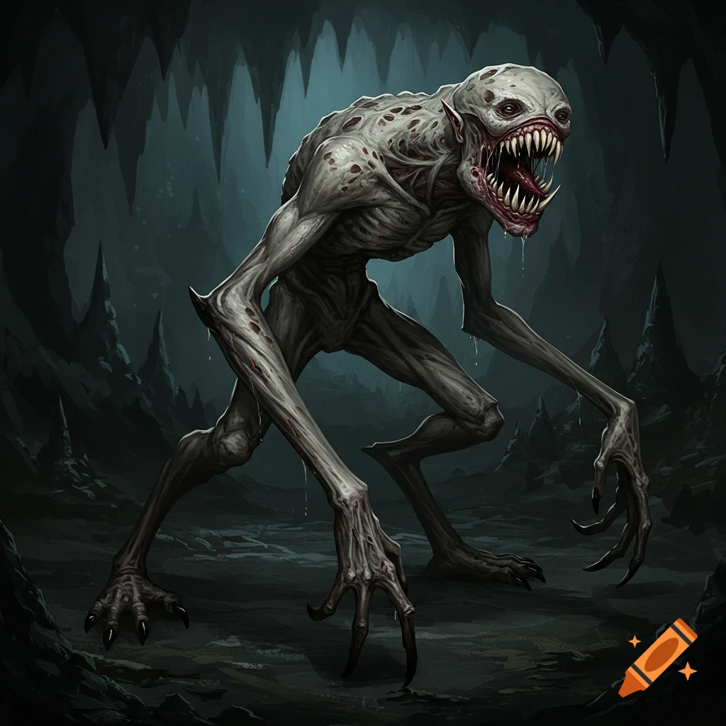 A grotesque, spindly creature with sharp teeth in a dark cave.