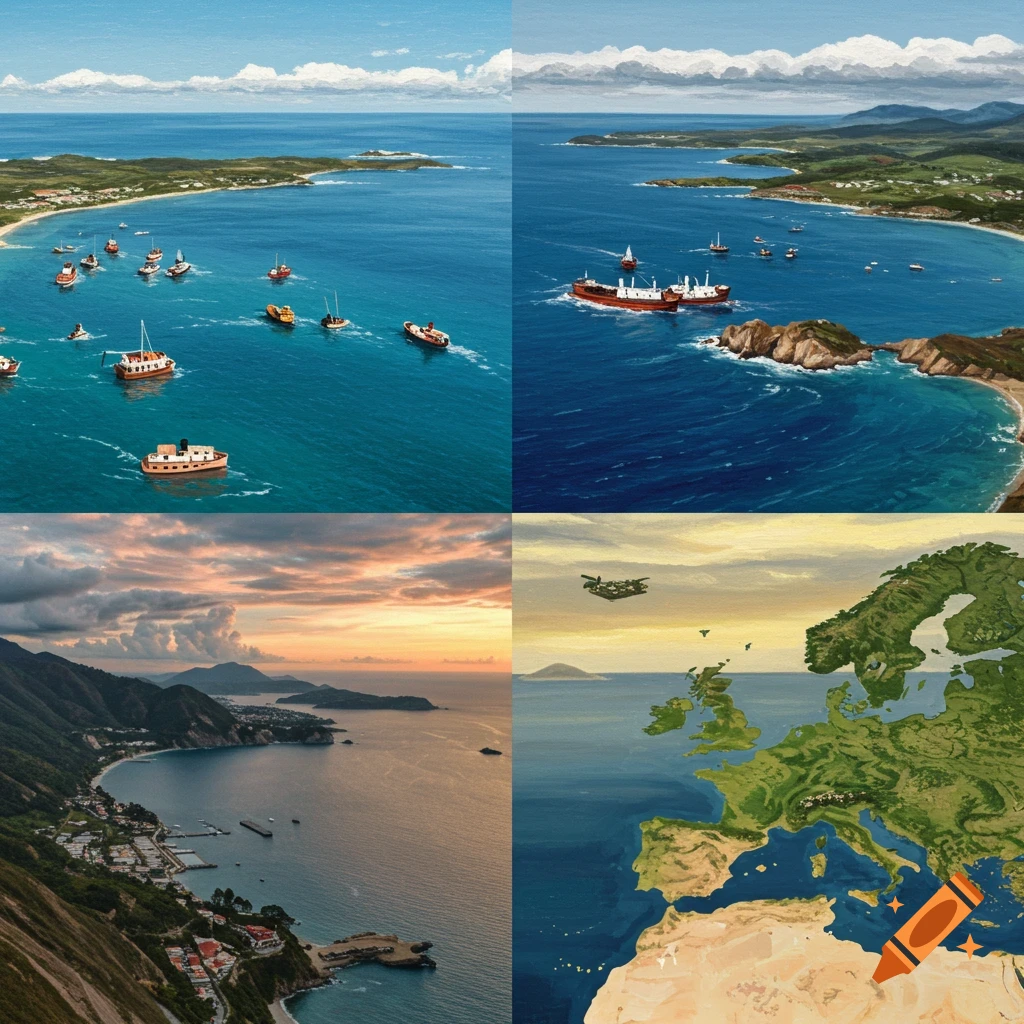 Collage showing coastal scenes with boats and a map of Europe.