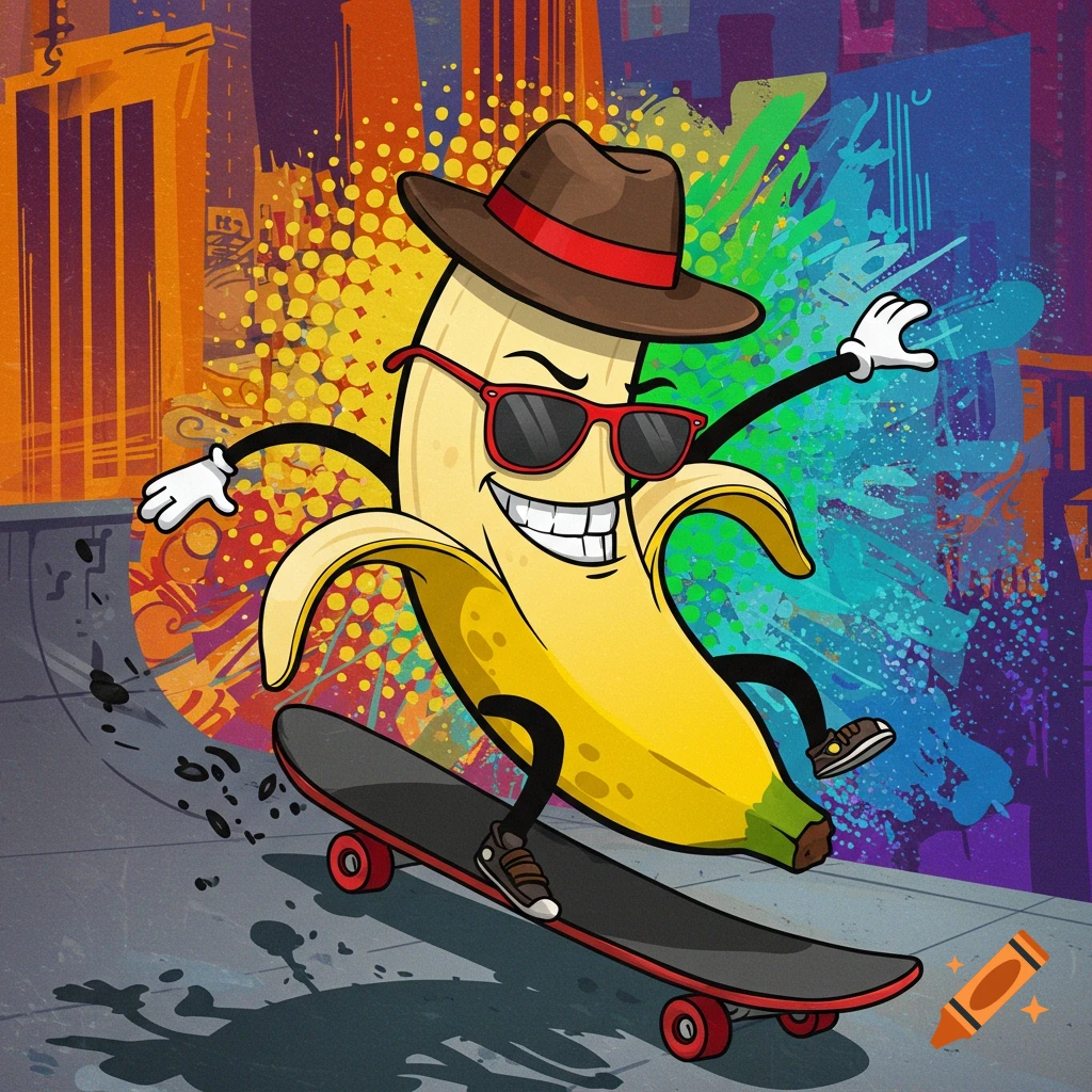 Cartoon banana with a hat and sunglasses skateboarding in a colorful graffiti-covered skate park.