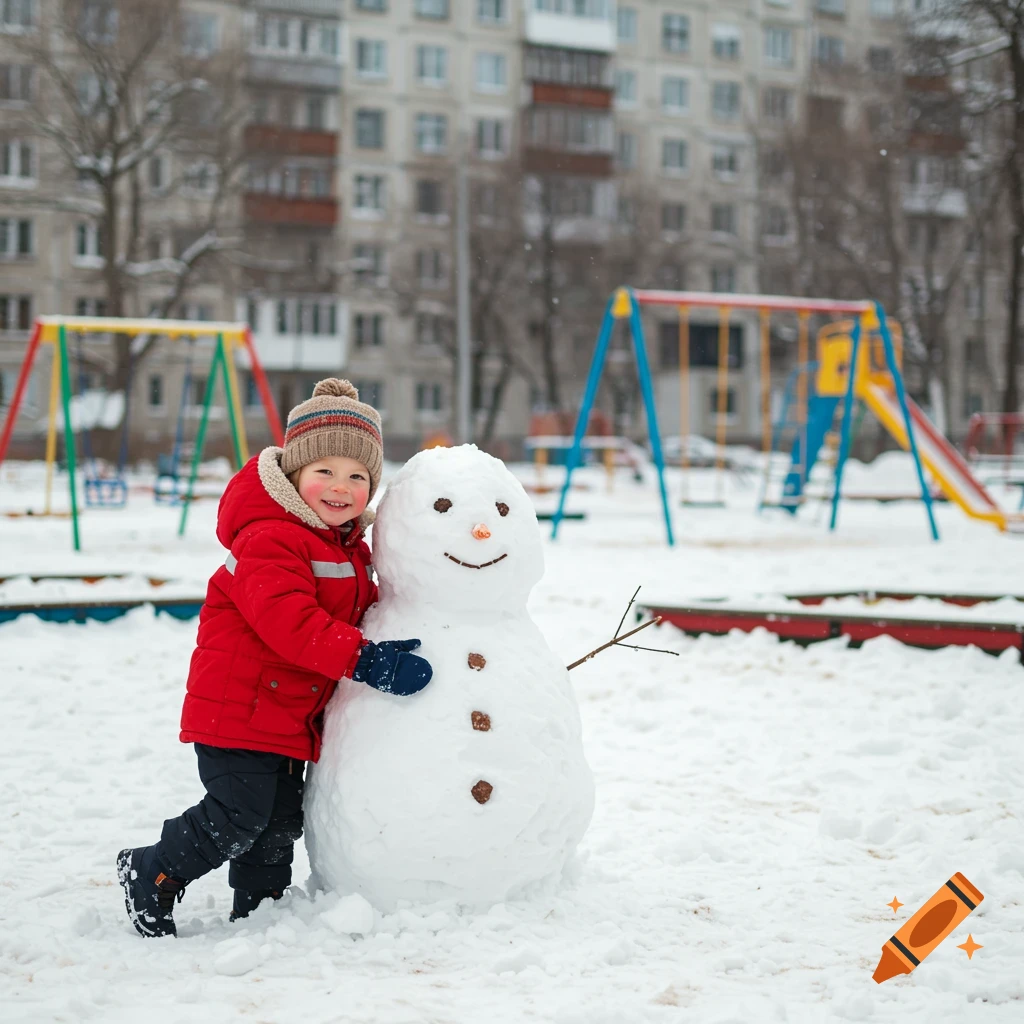 A child in a red coat stands next to a snowman in a snowy park with buildings in the background.