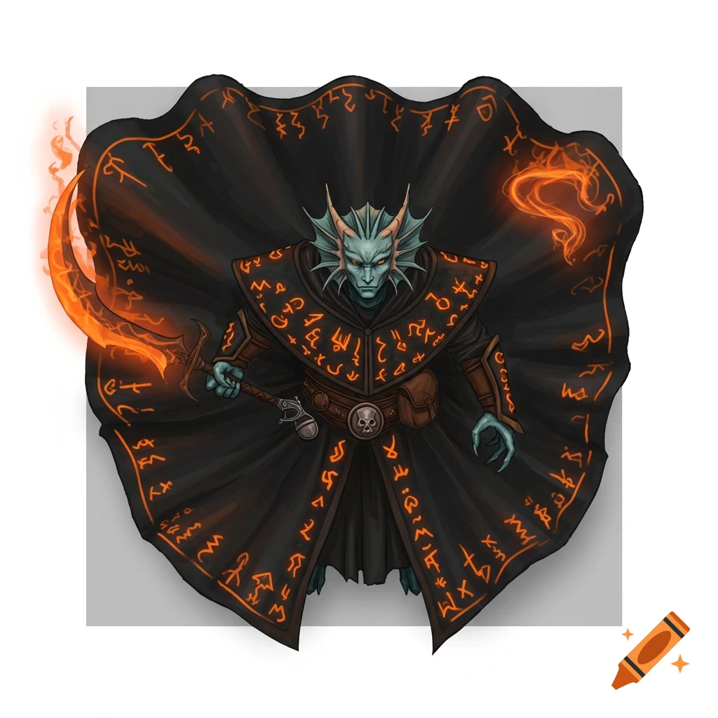 Top-down illustration of a blue-green Triton Warlock in a black cloak with glowing orange runes, holding a flaming sword.