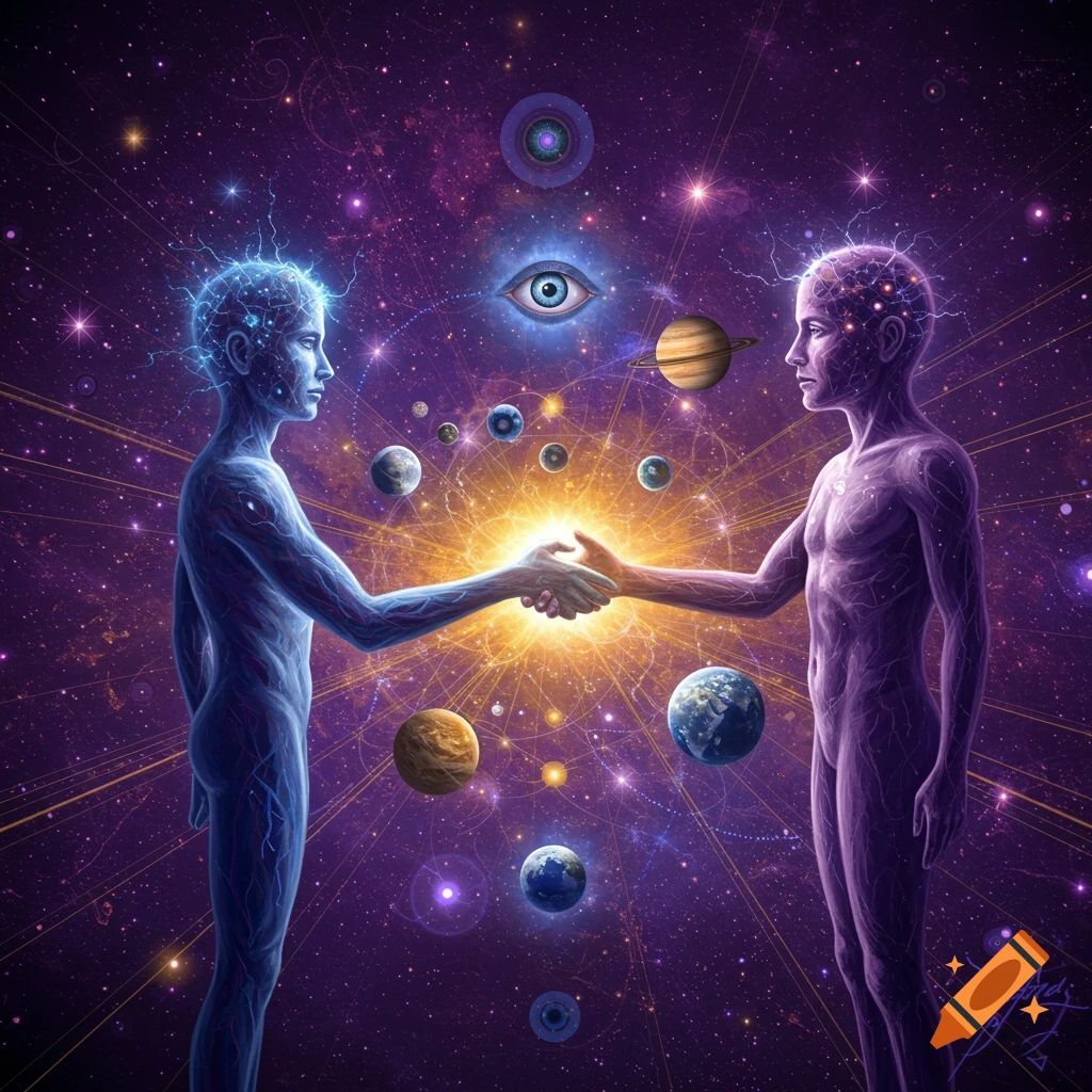 Surreal sci-fi painting of two cosmic figures shaking hands in deep space among planets and stars, surrounded by glowing energy