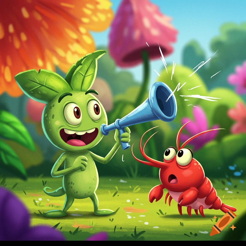 A cartoon green creature blows an air horn at a red shrimp-like creature in a fantasy garden.