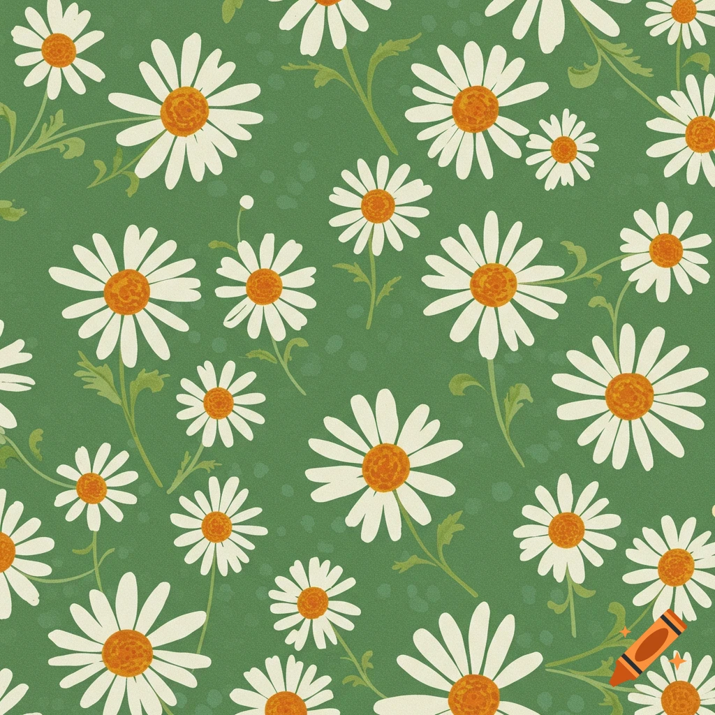 A seamless pattern of white daisies with orange centers on a green background