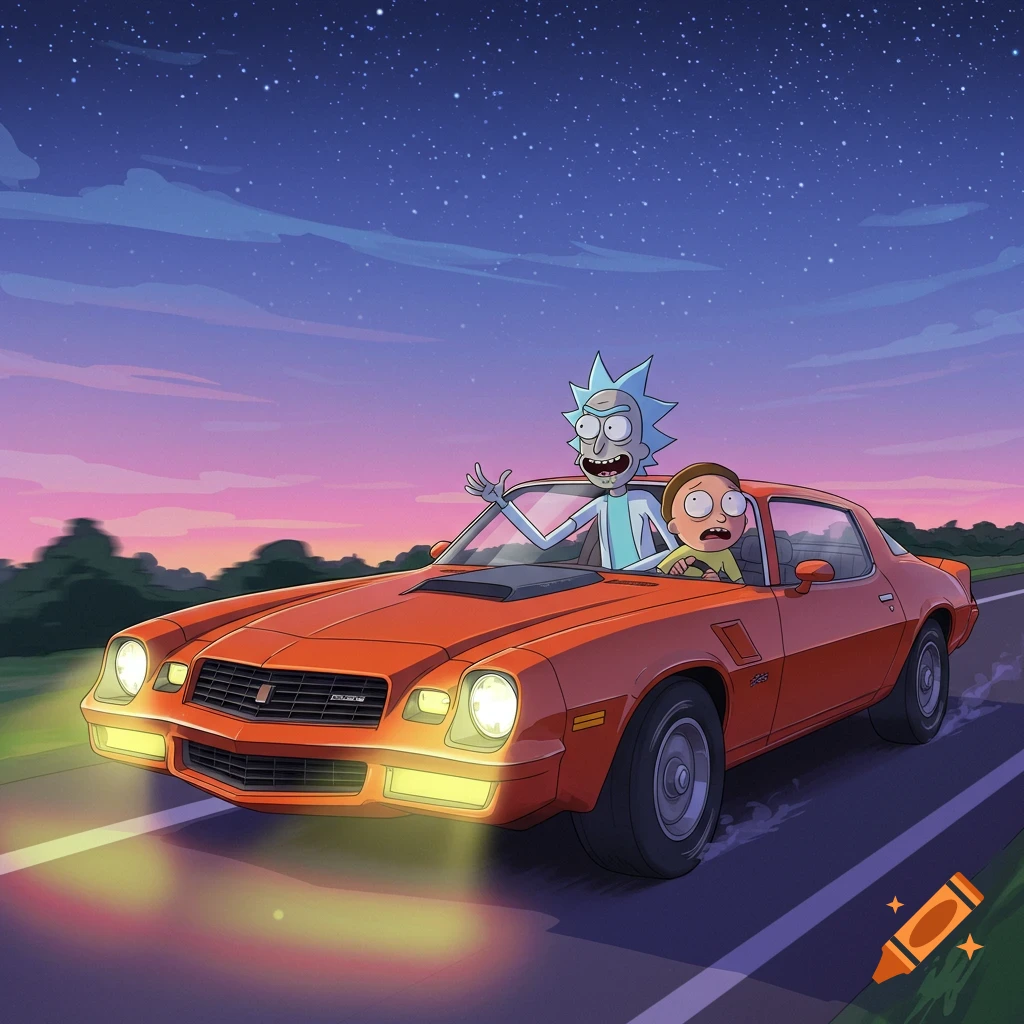 Rick and Morty drive an orange 79 Camaro on a road at night under a starry sky.