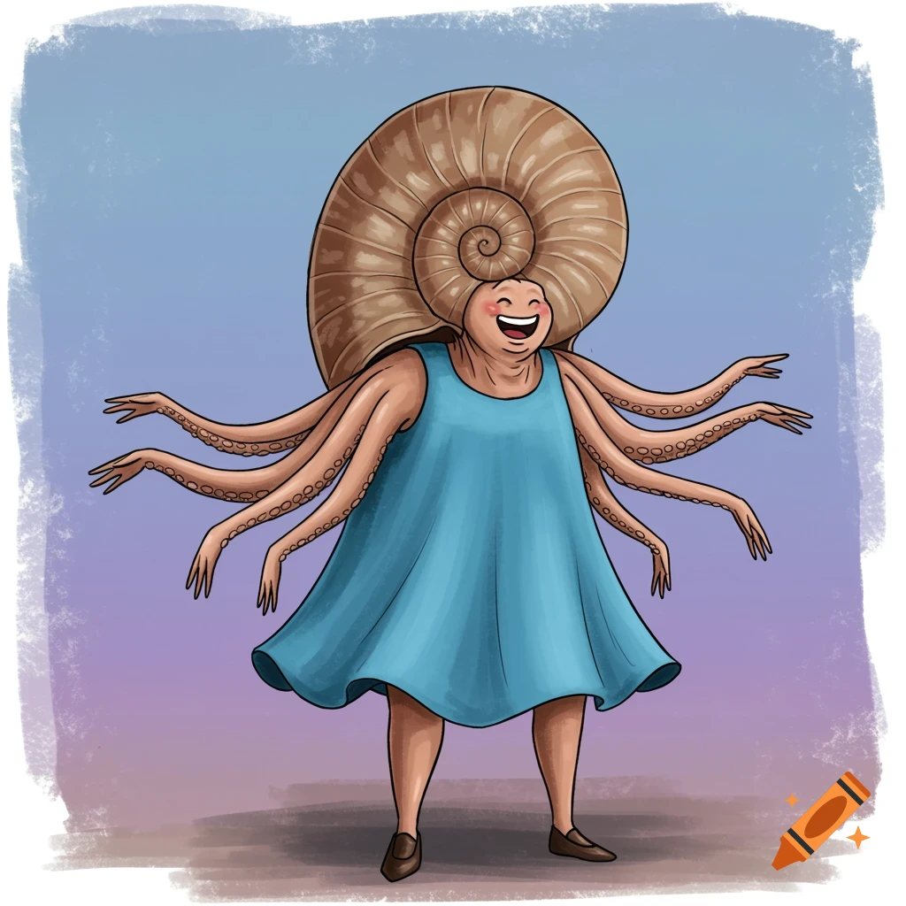 A creature that resembles an ammonite with many arms and human legs, wearing a blue dress.