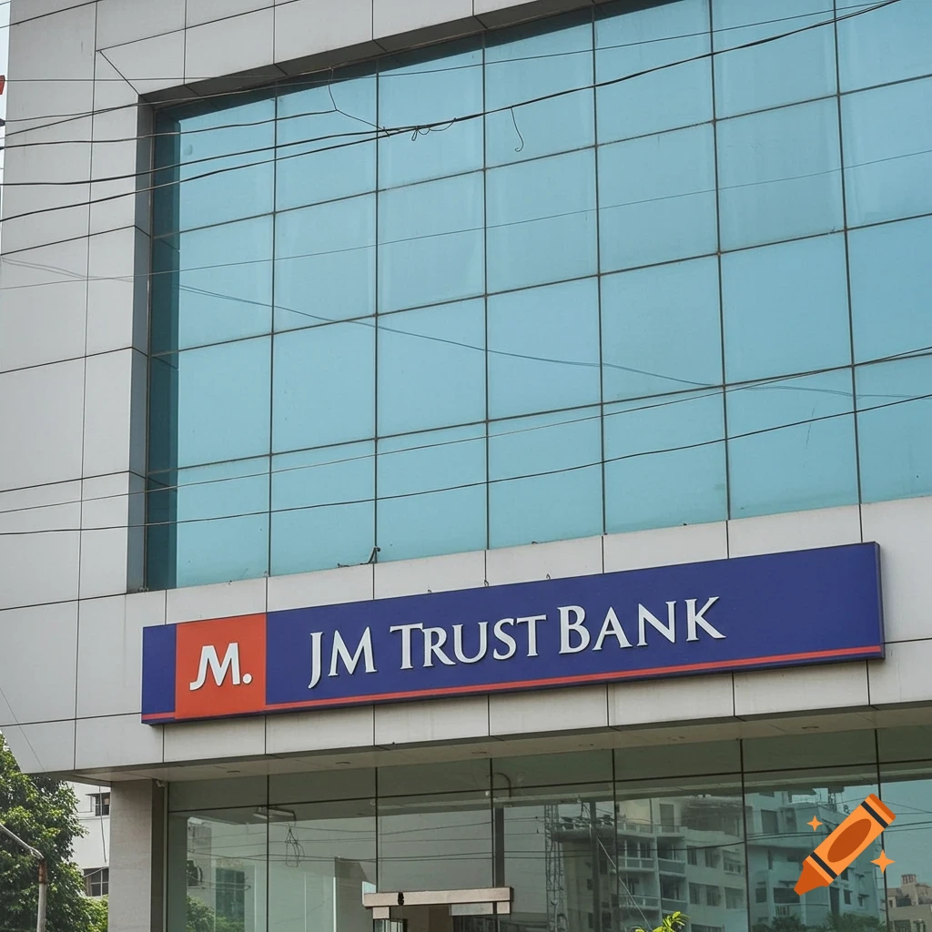 A modern building with a sign reading "M. JM Trust Bank" and blue glass windows.