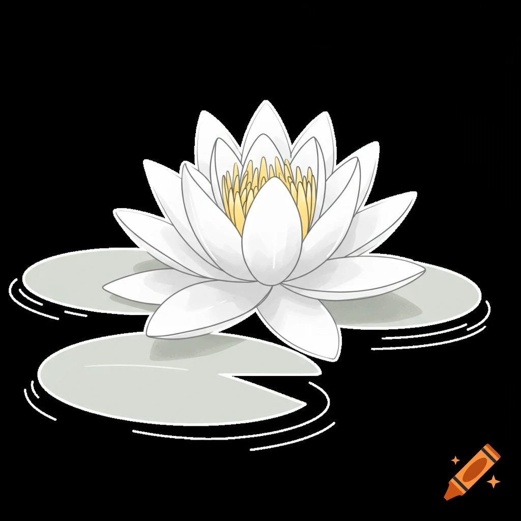 A simple illustration of a white lotus flower on two lily pads.
